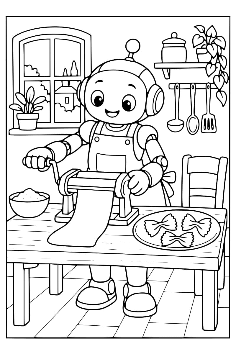 Dessin en noir et blanc d’un robot souriant en tablier devant une table de cuisine, tournant la manivelle d’une machine d’où sort une bande de pâte. Un bol et une assiette de trois farfalles sont posés sur la table.