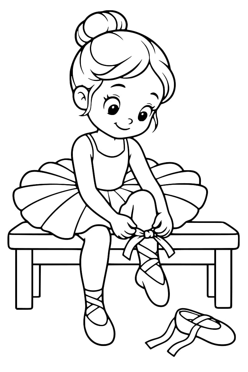 Dessin en noir et blanc d’une petite ballerine coiffée d’un chignon, assise sur un banc et nouant un ruban autour de sa cheville, avec un chausson posé au sol.