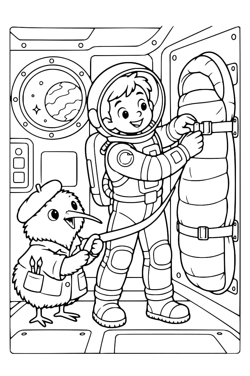 Dessin en noir et blanc d’un astronaute ajustant une sangle autour d’un sac de couchage fixé verticalement à une paroi. À ses côtés, un kiwi en béret tient une longue sangle, tandis que la Terre apparaît à travers un hublot.