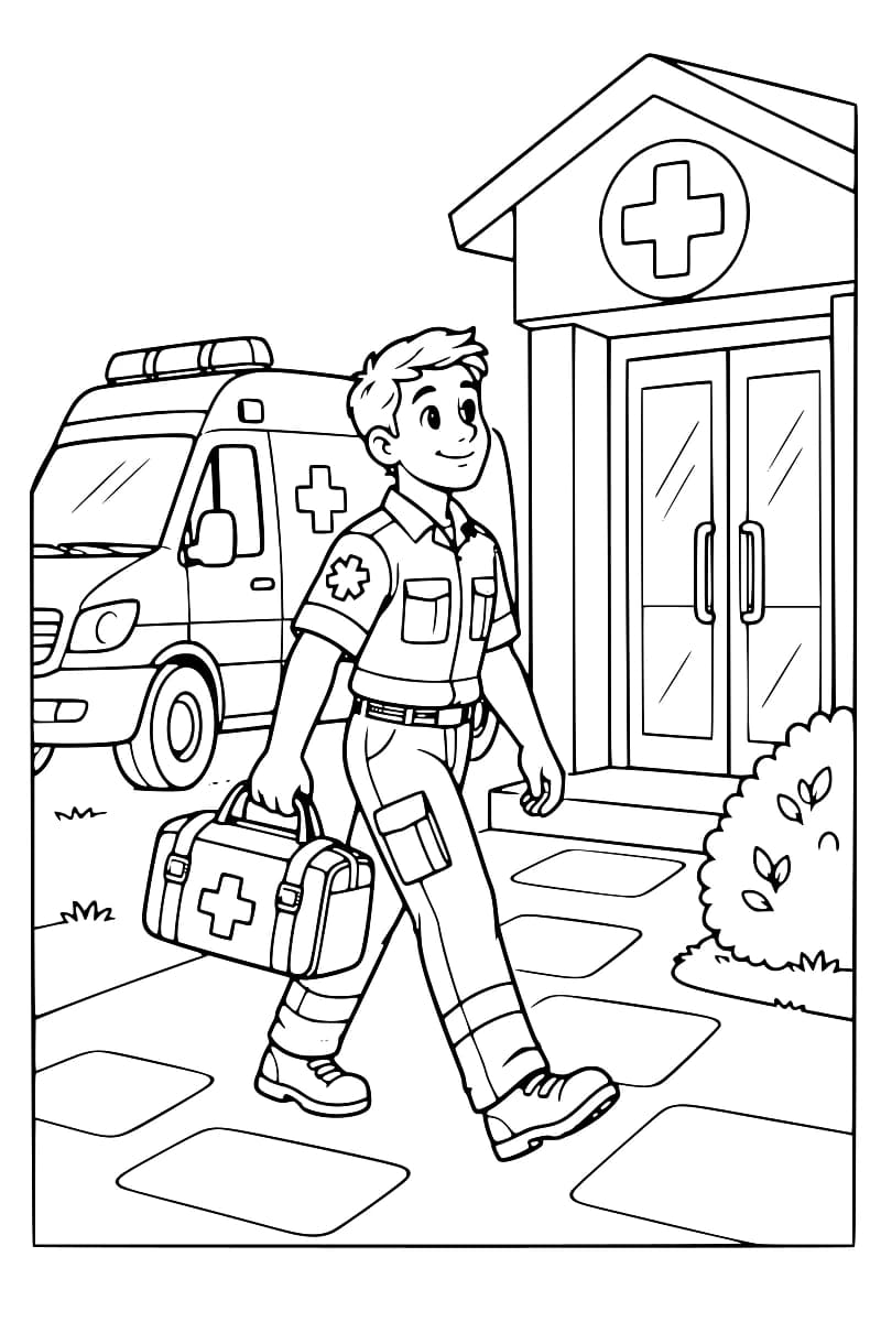 Dessin en noir et blanc d’un secouriste marchant avec une trousse médicale devant une ambulance et une clinique.