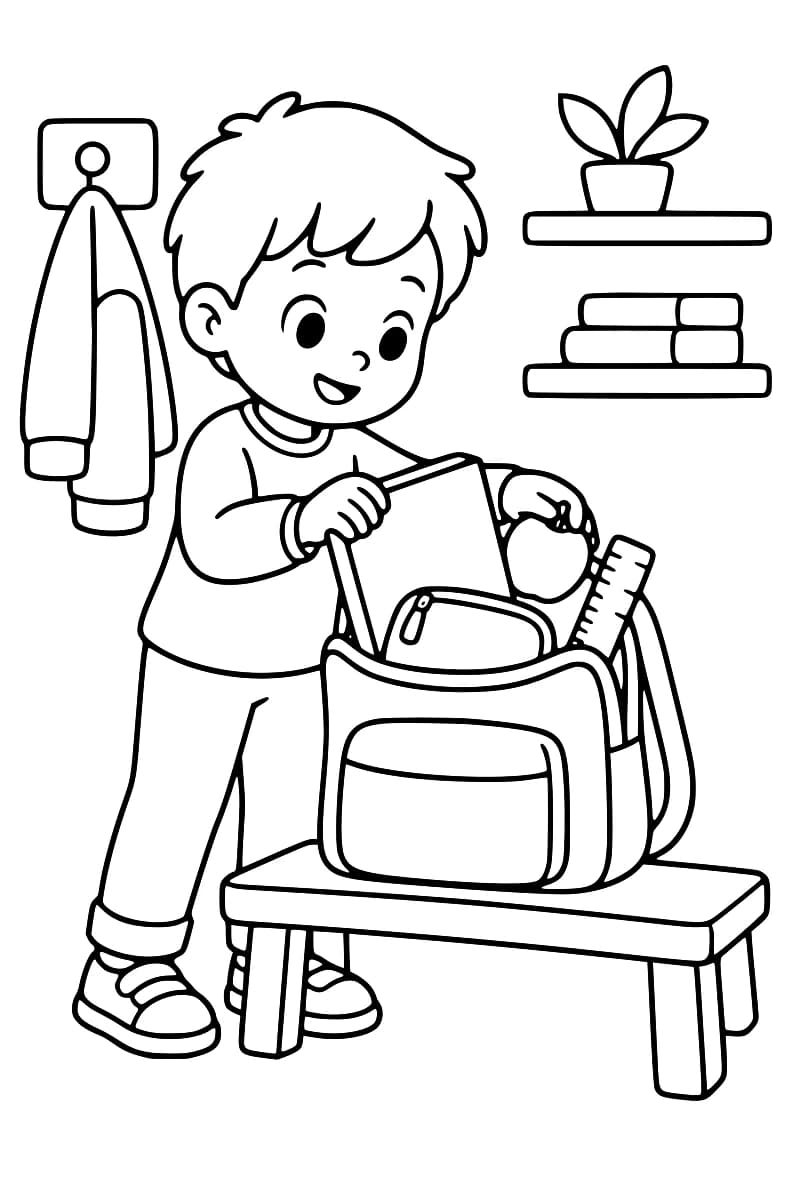 Dessin en noir et blanc d’un enfant préparant son sac à dos avec des fournitures scolaires sur un banc.