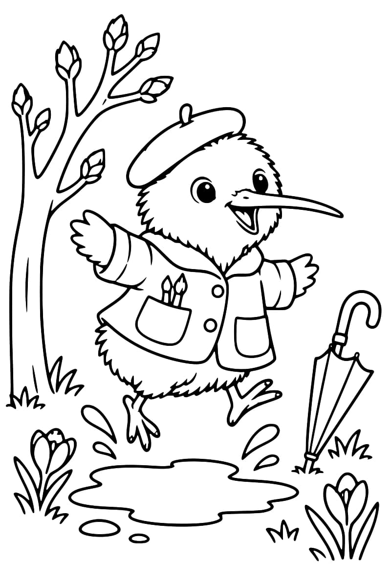 Dessin à colorier montrant Koloriwi sautant au-dessus d’une flaque, avec un parapluie et des fleurs autour de lui.