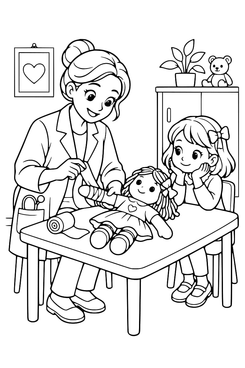 Une médecin soigne le bras bandé d’une poupée sur une table, sous le regard d’une enfant.