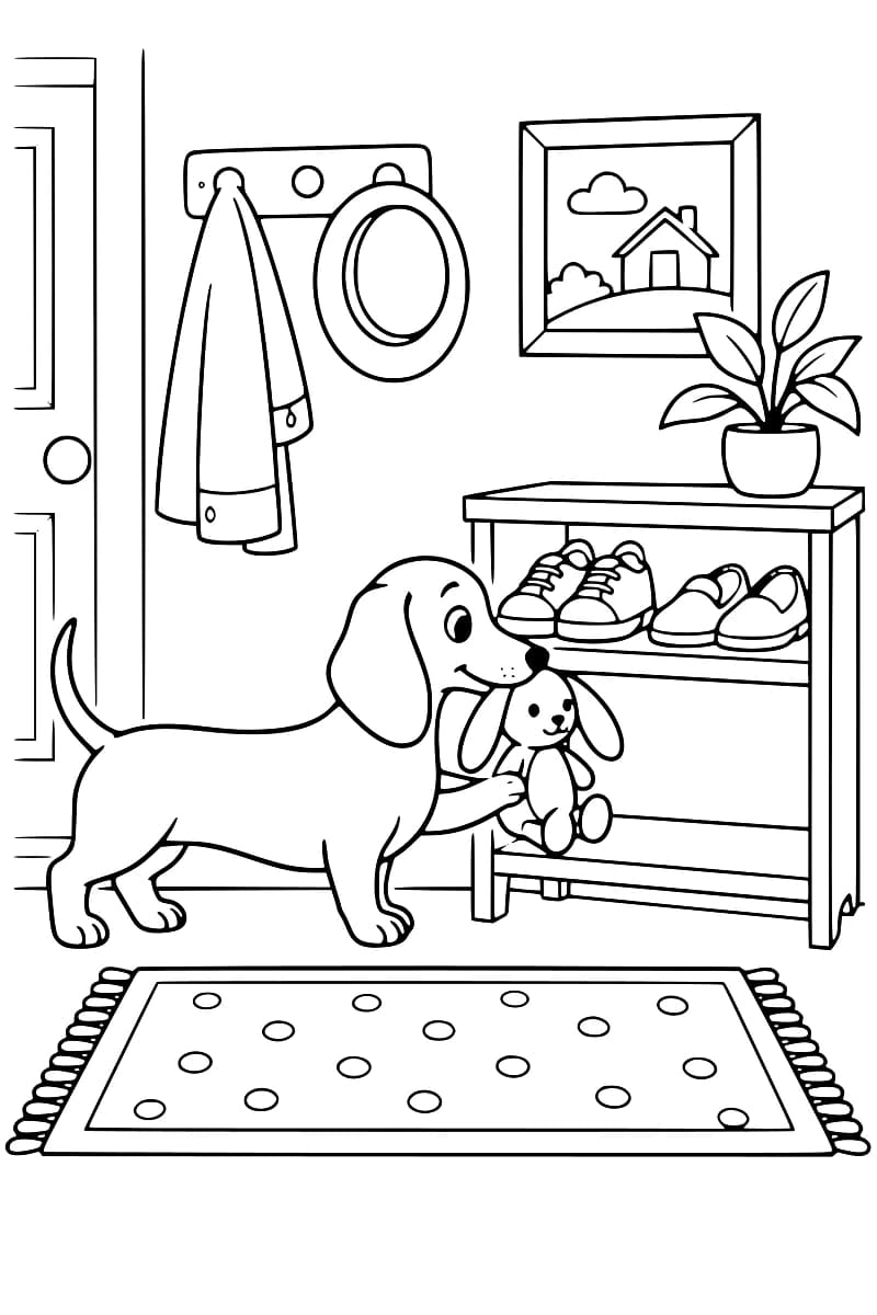 Dessin au trait noir d’un teckel tenant un lapin en peluche contre l’étagère basse d’un meuble contenant deux paires de chaussures, avec une plante sur le dessus. Un manteau et un chapeau sont suspendus près de la porte, un tableau est accroché au mur et un tapis à pois couvre le sol.