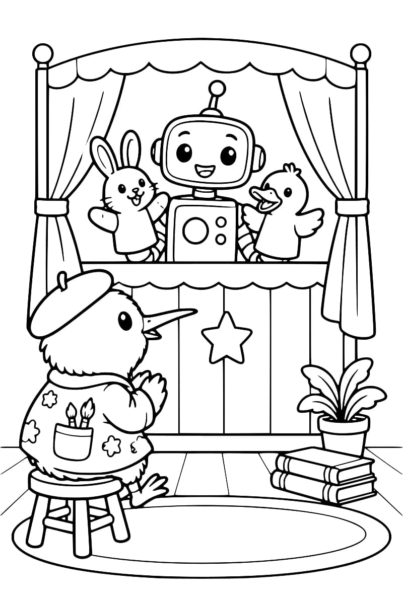 Dessin en noir et blanc d’un robot tenant deux marionnettes, un lapin et un canard, dans un théâtre à rideaux. Devant lui, un oiseau en béret et en tenue de peintre est assis sur un tabouret, les ailes rapprochées. Une plante en pot et deux livres se trouvent à côté du théâtre.