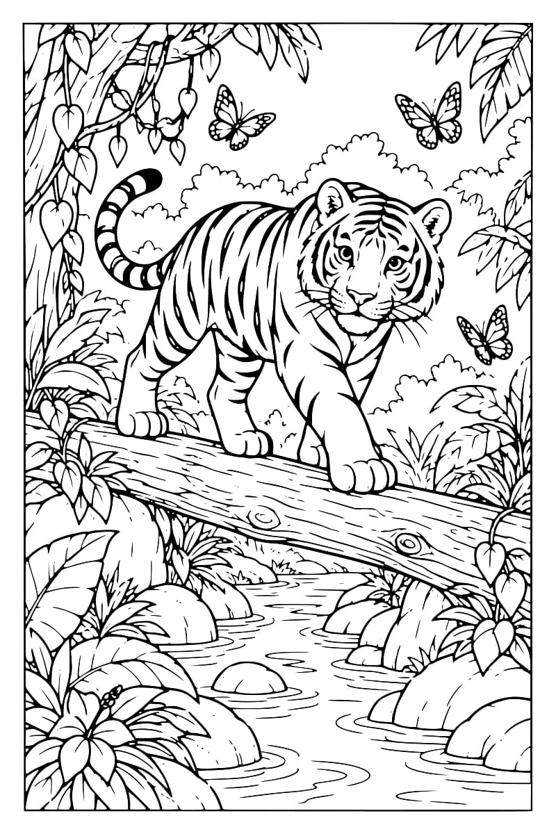 Dessin en noir et blanc d’un tigre avançant sur un tronc au-dessus d’un ruisseau dans une jungle luxuriante.