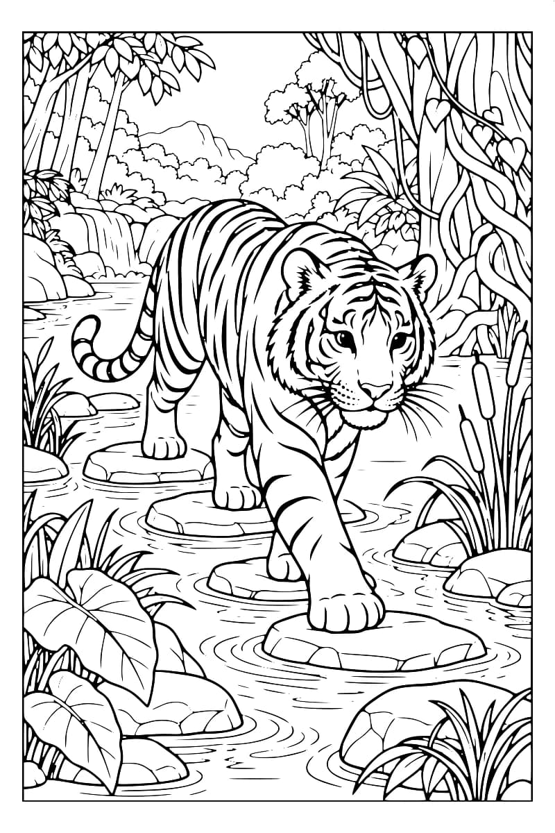Coloriage en noir et blanc d’un tigre avançant de face sur des pierres plates dans un ruisseau, entouré de rochers, de grandes feuilles, de roseaux et d’arbres, avec une cascade au fond.