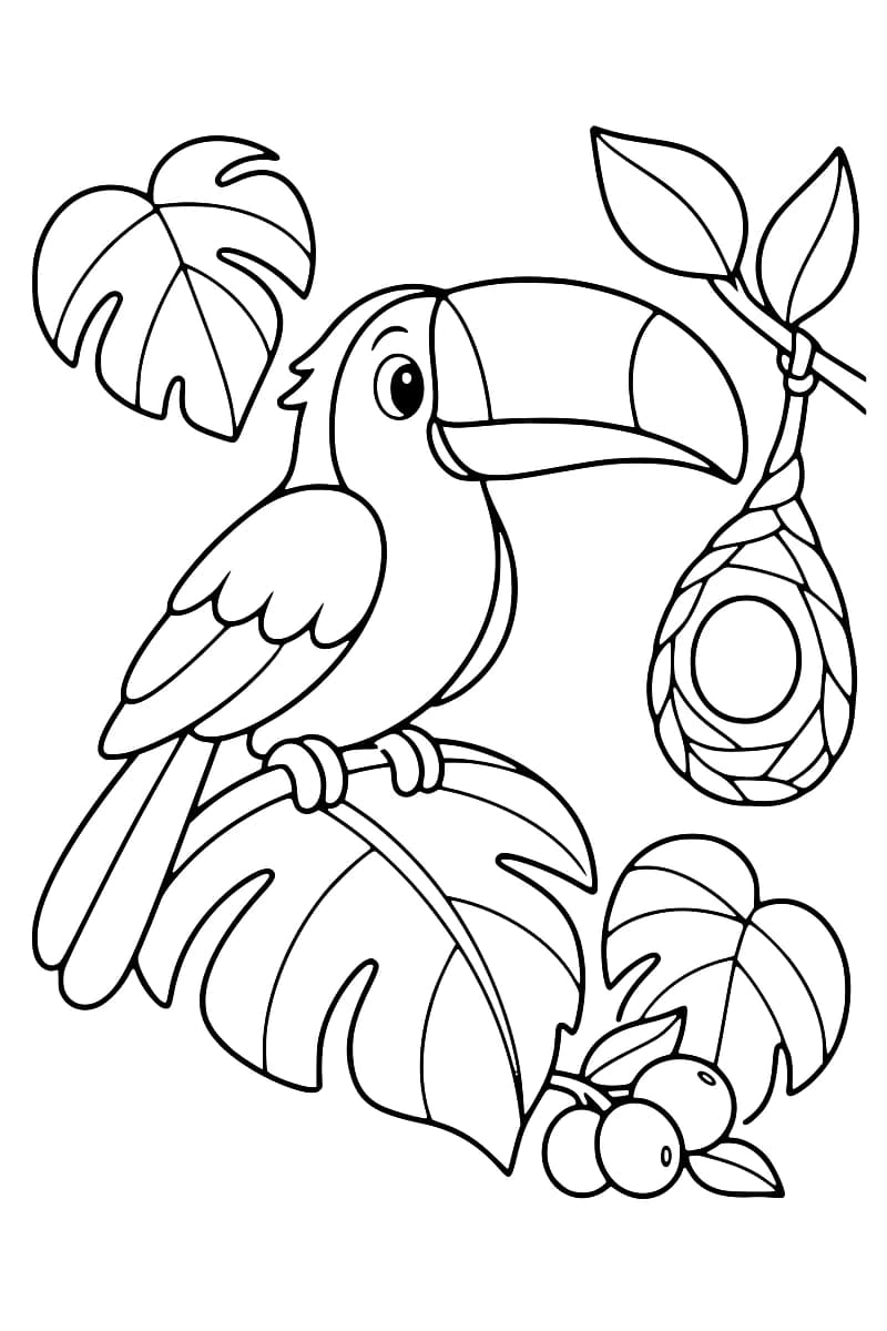 Dessin en noir et blanc d’un toucan perché sur une branche au milieu de grandes feuilles tropicales, près d’un élément suspendu.