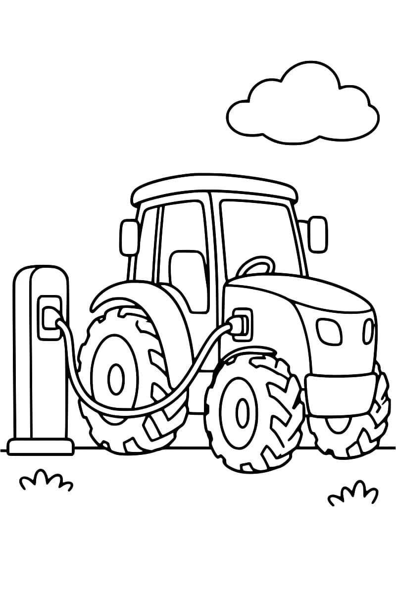 Dessin au trait noir d’un tracteur branché à une borne de recharge, avec un nuage au-dessus et deux touffes d’herbe au sol.