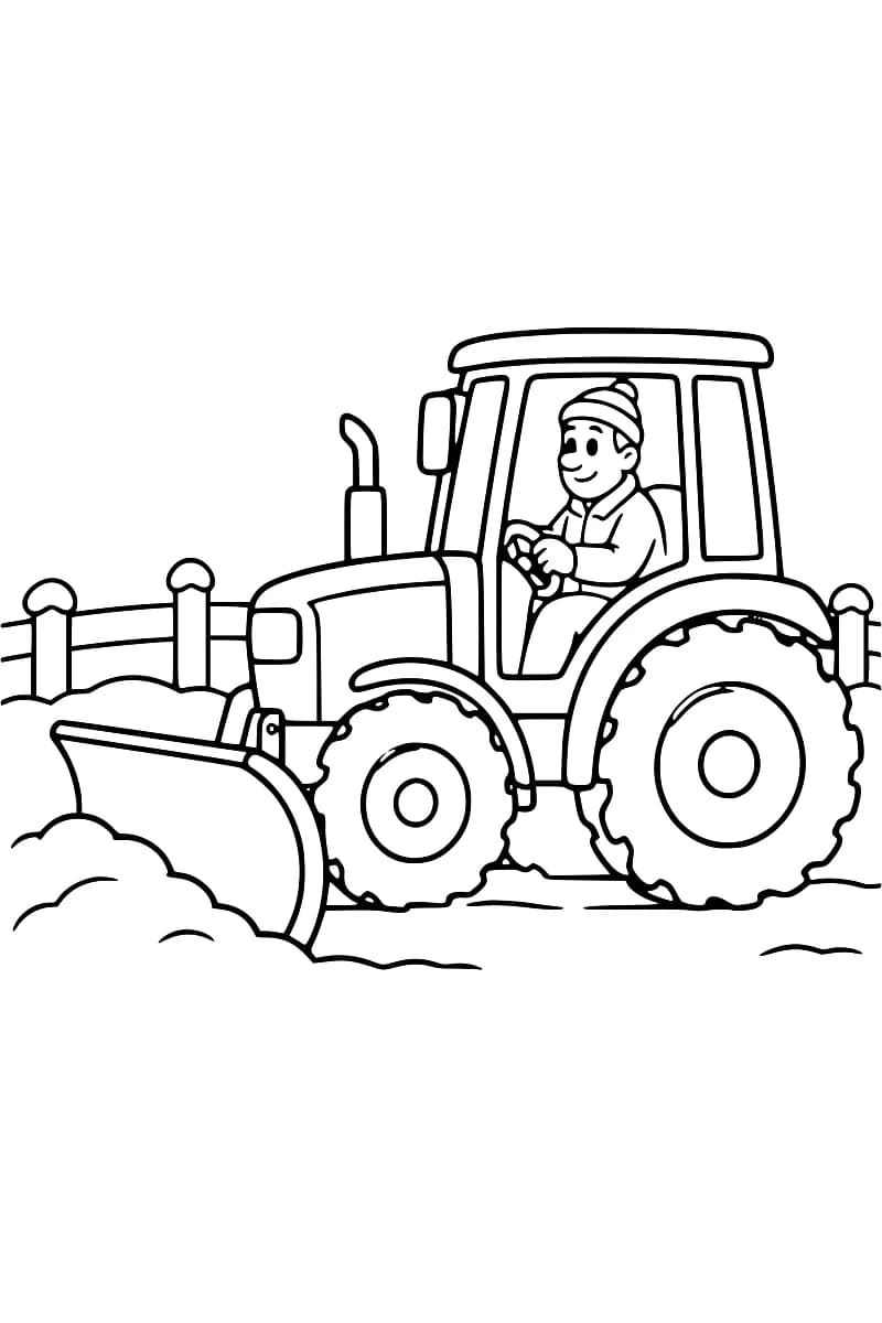 Tracteur de profil avec conducteur, grande lame frontale et tas de neige devant lui.