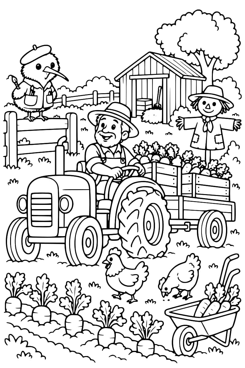Dessin à colorier d’un fermier au volant d’un tracteur attelé à une remorque chargée de caisses de carottes. Un oiseau à long bec se tient sur une clôture, devant un abri en bois et un arbre. Un épouvantail, deux poules, des rangées de carottes et une brouette remplie de carottes complètent la scène.