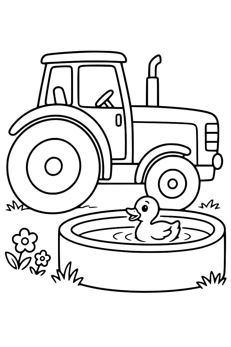 Dessin en noir et blanc d’un tracteur de profil derrière un abreuvoir rond contenant un canard, avec deux fleurs à gauche et des touffes d’herbe.