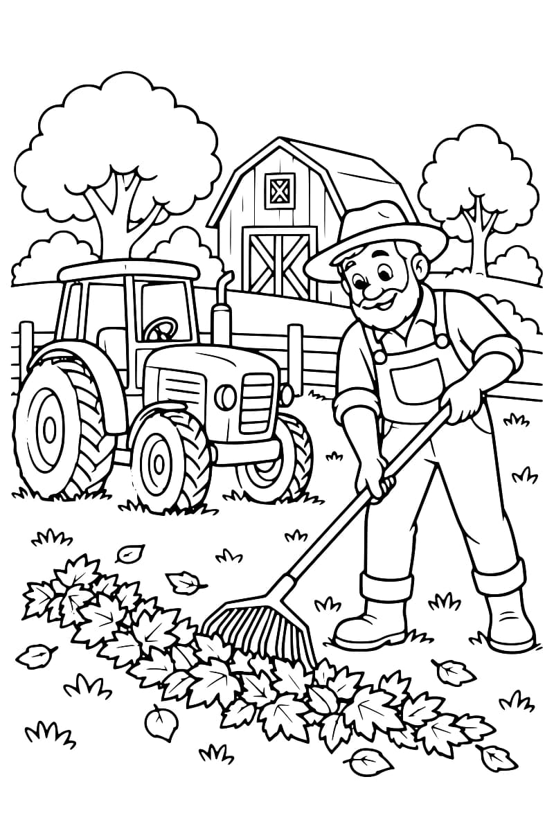 Dessin en noir et blanc d’un fermier ratissant des feuilles devant un tracteur, près d’une grange et d’arbres.
