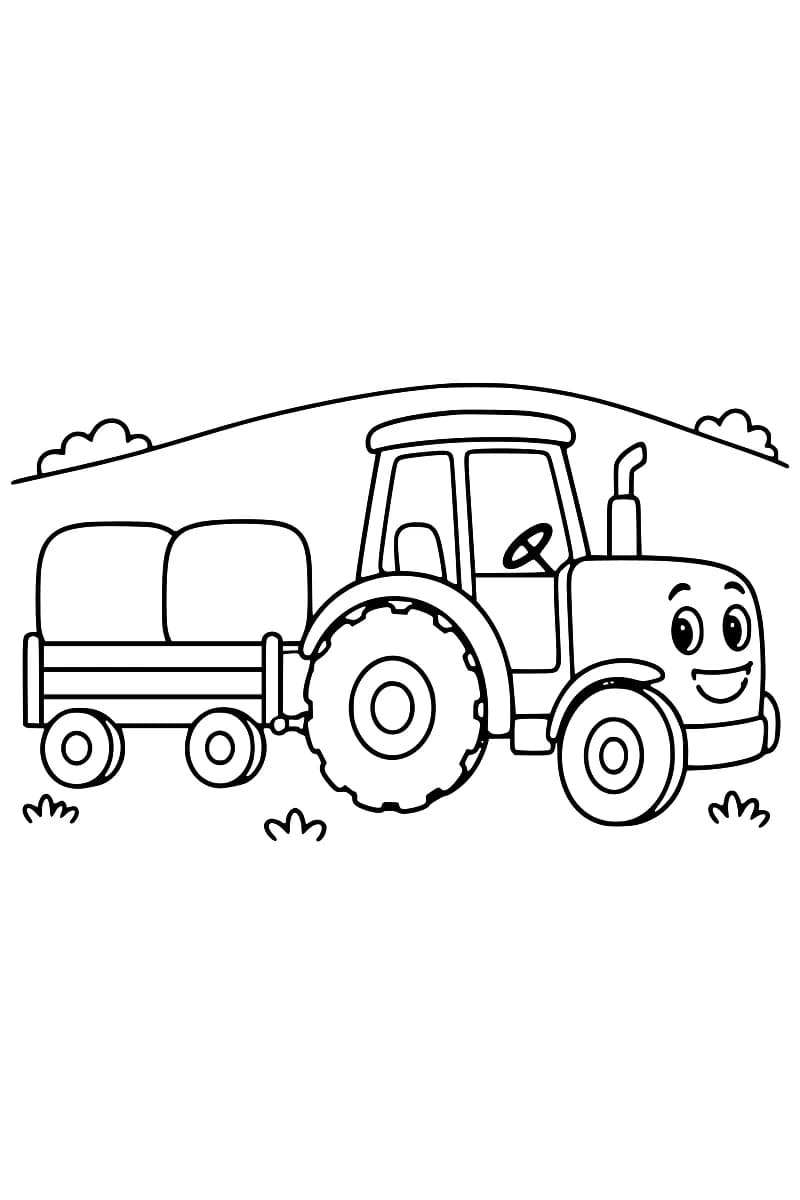 Dessin en noir et blanc d’un tracteur de profil, attelé à une remorque contenant deux grosses bottes de foin.