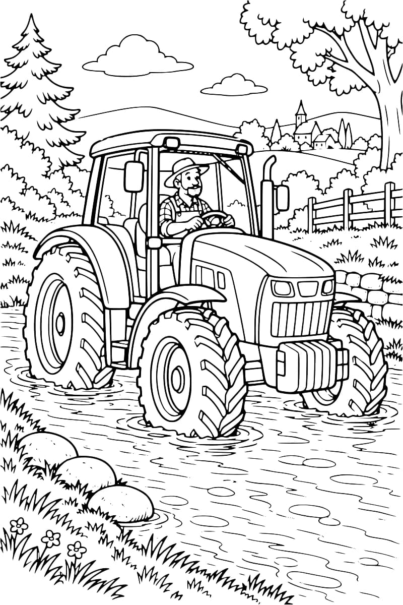 Dessin à colorier d’un fermier au volant d’un grand tracteur dont les roues baignent dans un cours d’eau peu profond, entouré de berges herbeuses, de pierres, d’arbres et d’une clôture, avec un village et son clocher au loin.