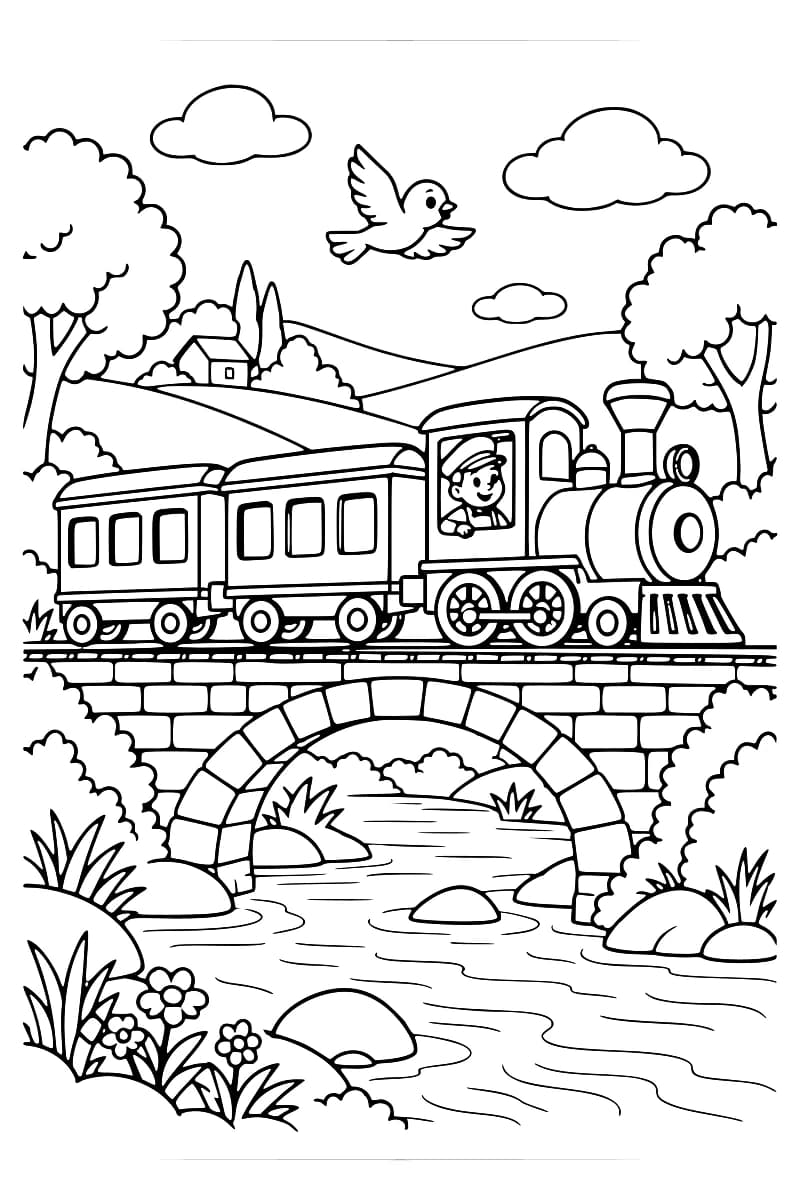 Dessin en noir et blanc représentant un train à vapeur roulant sur un pont de pierre au-dessus d’une rivière, avec des arbres, des collines et un oiseau.