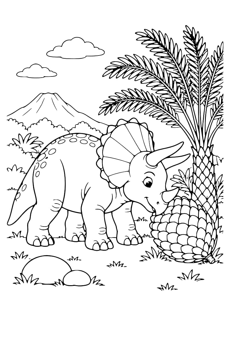 Dessin à colorier d’un tricératops penché vers un gros cône au pied d’un cycas, avec des rochers, des touffes d’herbe et un volcan en arrière-plan.