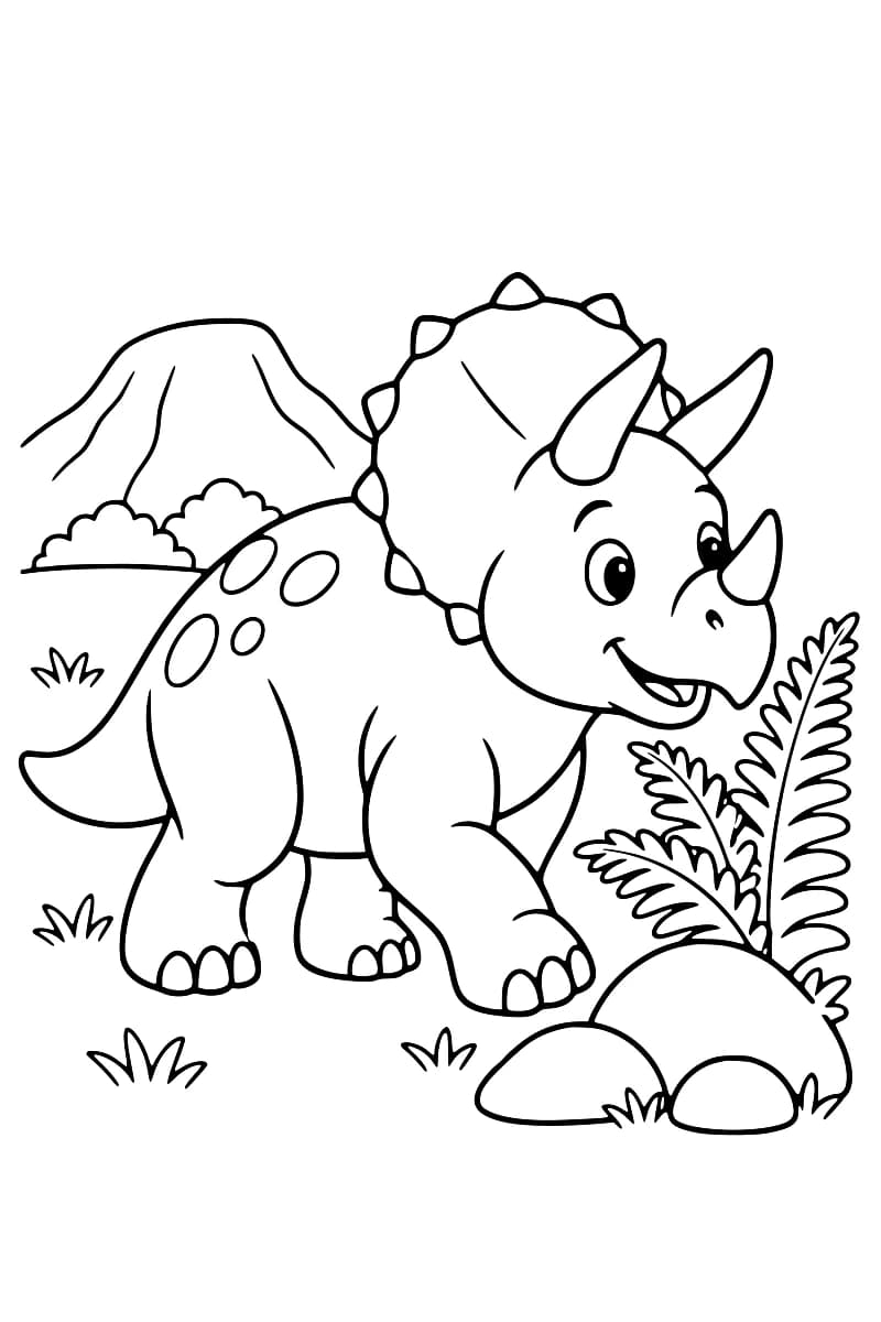 Dessin en noir et blanc d’un tricératops souriant entouré de fougères, de rochers et de végétation.