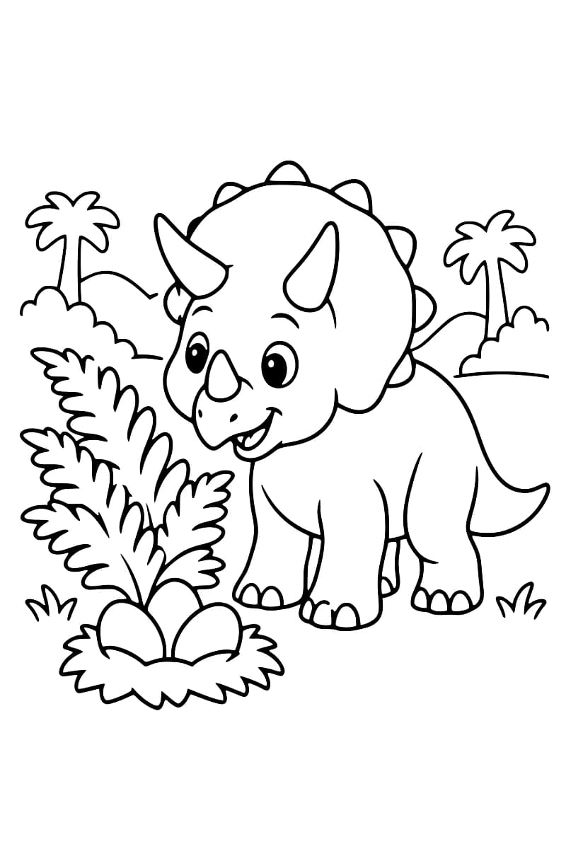 Dessin en noir et blanc d’un tricératops souriant près d’un nid de deux œufs, avec des fougères et des palmiers en arrière-plan.