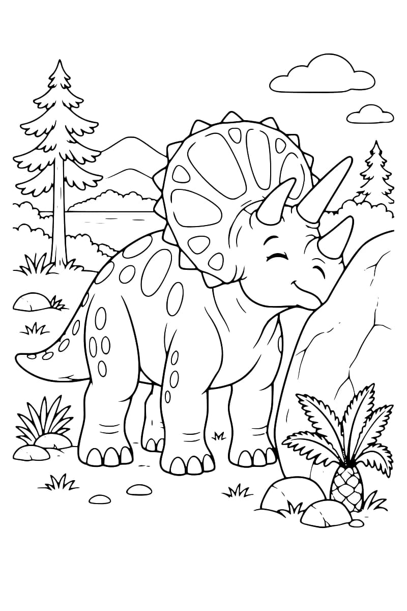 Dessin en noir et blanc d’un tricératops debout devant un rocher, avec des conifères, des plantes et des montagnes en arrière-plan.
