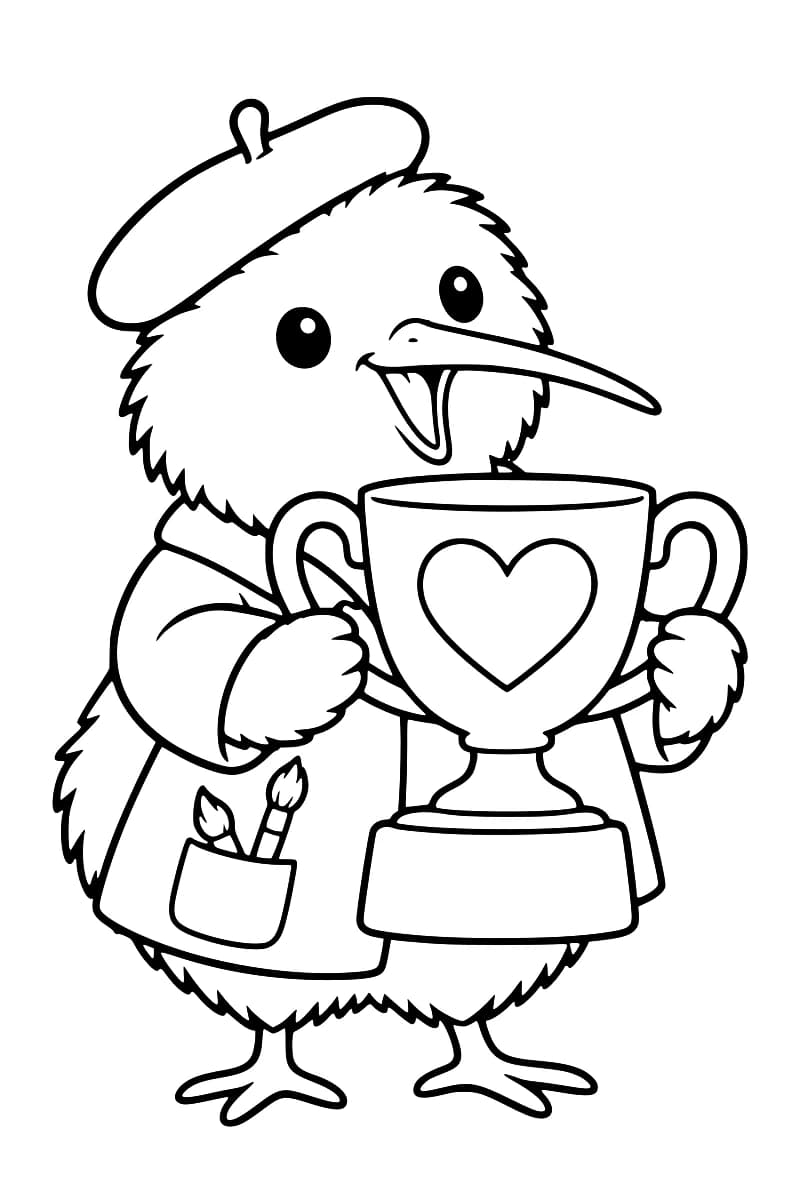 Dessin en noir et blanc d’un oiseau souriant portant un béret et une veste avec deux pinceaux dans la poche, tenant un trophée à deux anses orné d’un grand cœur.