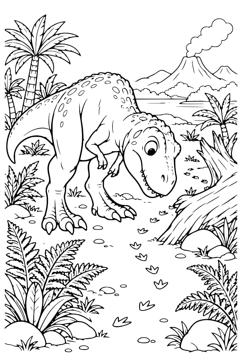 Dessin en noir et blanc d’un tyrannosaure entouré de fougères et de palmiers, avec un volcan fumant et des empreintes au sol.