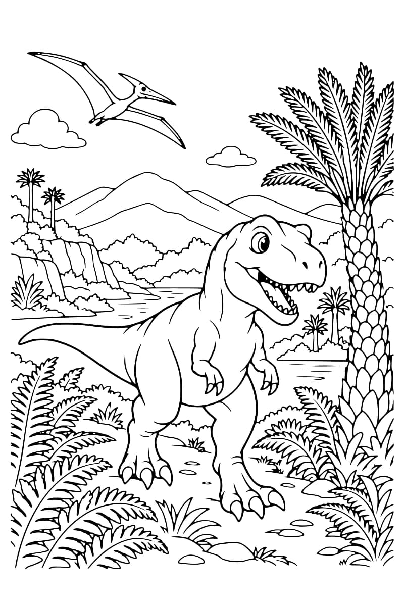 Dessin en noir et blanc d’un tyrannosaure au bord d’une rivière dans une vallée préhistorique, avec des fougères, un grand palmier et un ptérosaure.