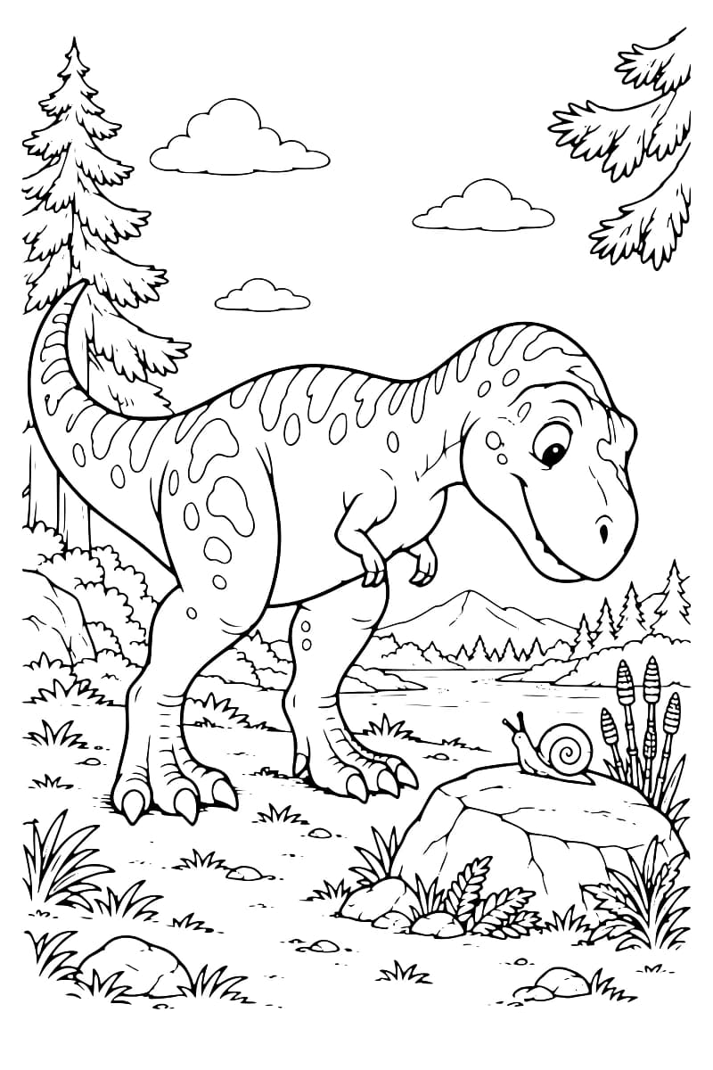 Dessin à colorier d’un tyrannosaure à motifs tachetés, la tête penchée vers un escargot sur un rocher bordé de prêles, avec des conifères, un cours d’eau, des montagnes et des nuages en arrière-plan.