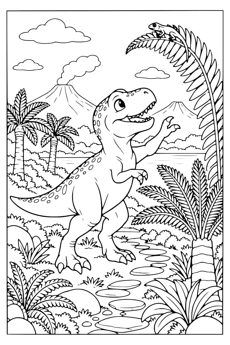 Coloriage d’un tyrannosaure debout sur un sentier de pierres, la gueule ouverte et une patte levée vers un lézard perché en haut d’une longue feuille courbée, avec des plantes, une étendue d’eau et deux volcans à l’arrière-plan.