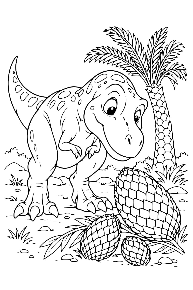 Dessin à colorier d’un tyrannosaure souriant, la tête penchée vers trois cônes écailleux posés au sol, près d’un arbre au tronc couvert d’écailles et de quelques touffes d’herbe.