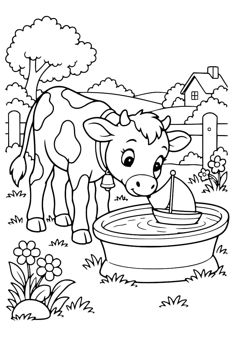 Dessin à colorier d’un veau tacheté penché vers un petit bateau à voile dans une bassine d’eau, avec une clôture, des fleurs, un arbre et une maison en arrière-plan.