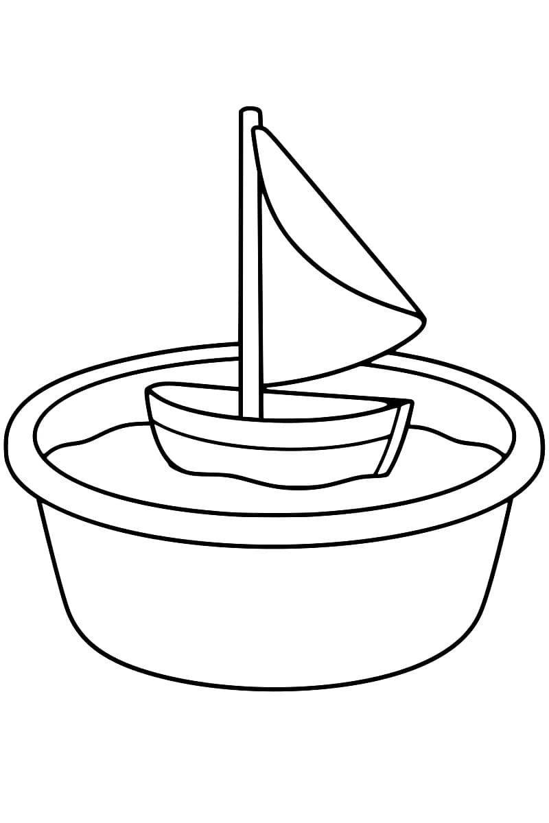 Dessin au trait noir d’un voilier jouet avec un grand mât et une voile, flottant dans une bassine ronde vue légèrement de dessus.
