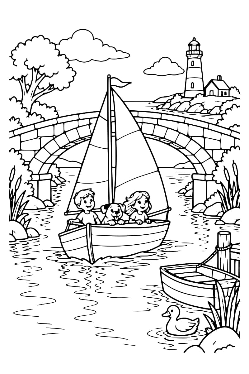 Dessin en noir et blanc montrant deux enfants et un chien dans un voilier, avec un pont en pierre, un phare, une barque et un canard sur la rivière.
