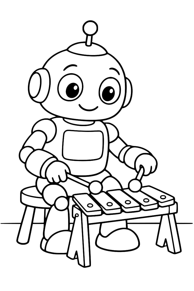 Dessin en noir et blanc d’un robot souriant avec une antenne, assis sur un tabouret devant un xylophone à cinq lames et tenant deux mailloches.