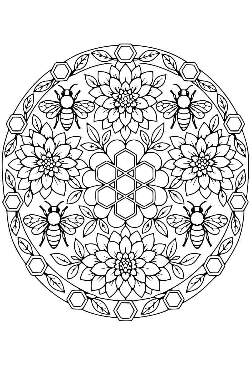 Mandala noir et blanc avec quatre abeilles, quatre grandes fleurs, des feuilles et des cellules hexagonales disposées en cercle.
