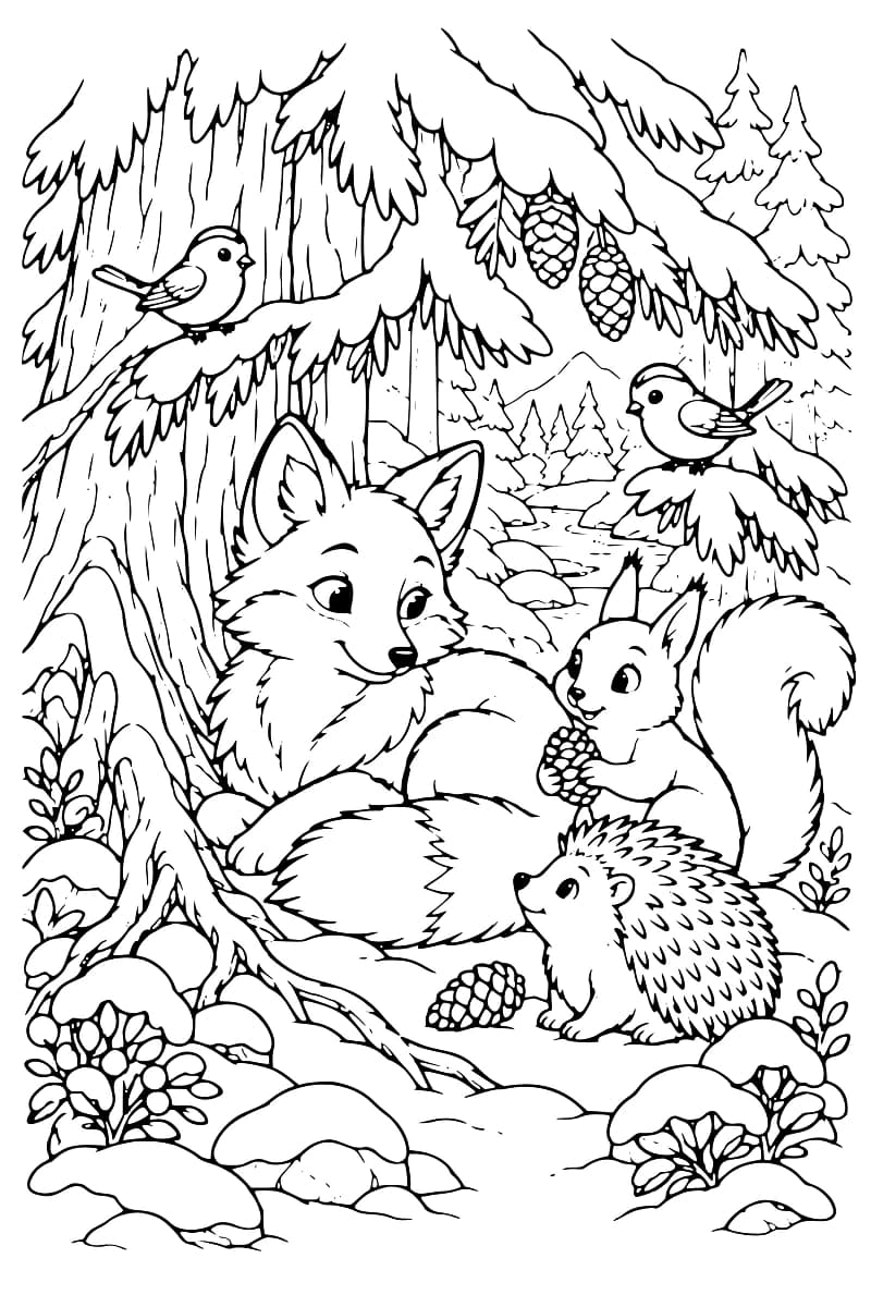 Dessin en noir et blanc montrant un renard, un écureuil, un hérisson et deux oiseaux parmi les branches, les pommes de pin et les rochers enneigés.