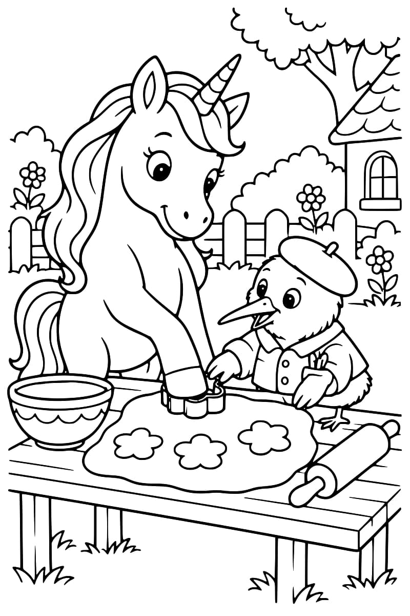 Dessin en noir et blanc d’une licorne et d’un oiseau en béret utilisant un emporte-pièce sur une pâte avec trois formes de fleurs, à côté d’un bol et d’un rouleau à pâtisserie, dans un jardin.