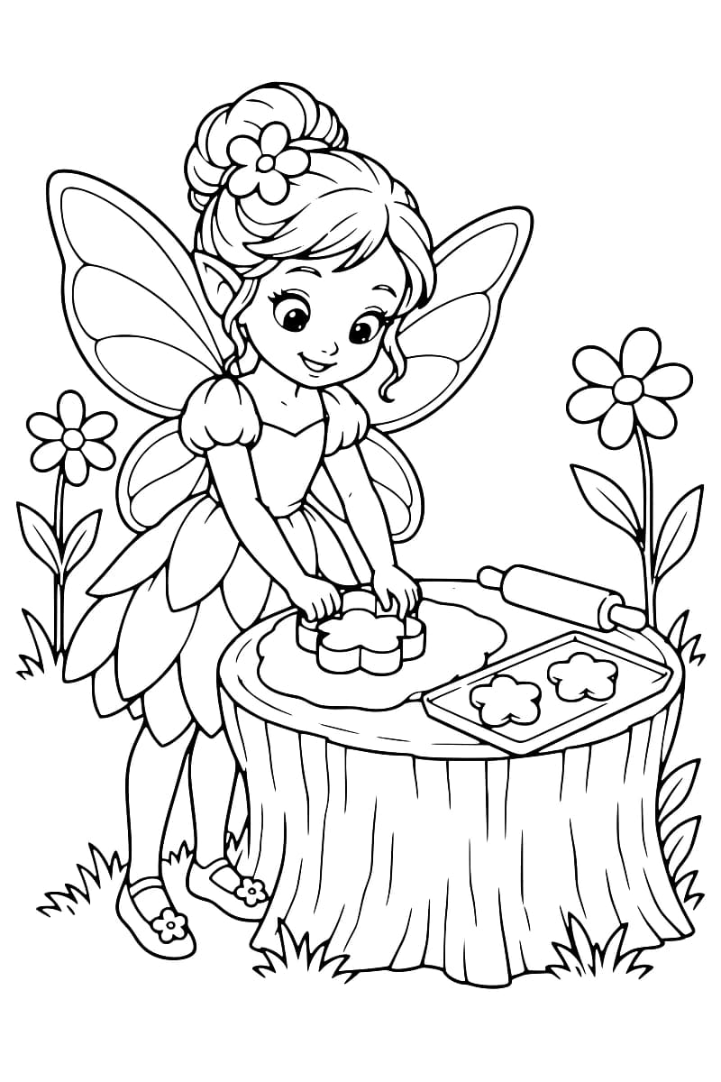 Dessin en noir et blanc d’une fée ailée découpant de la pâte avec un emporte-pièce en forme de fleur sur une souche, avec un rouleau à pâtisserie et une plaque portant deux biscuits, entourée de grandes fleurs.