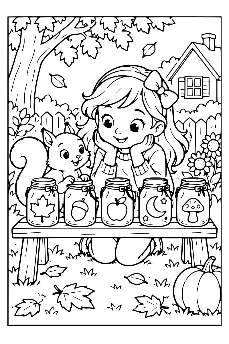 Une fille et un écureuil se tiennent derrière cinq bocaux décorés, avec un arbre, une maison, des fleurs, des feuilles et une citrouille en arrière-plan.