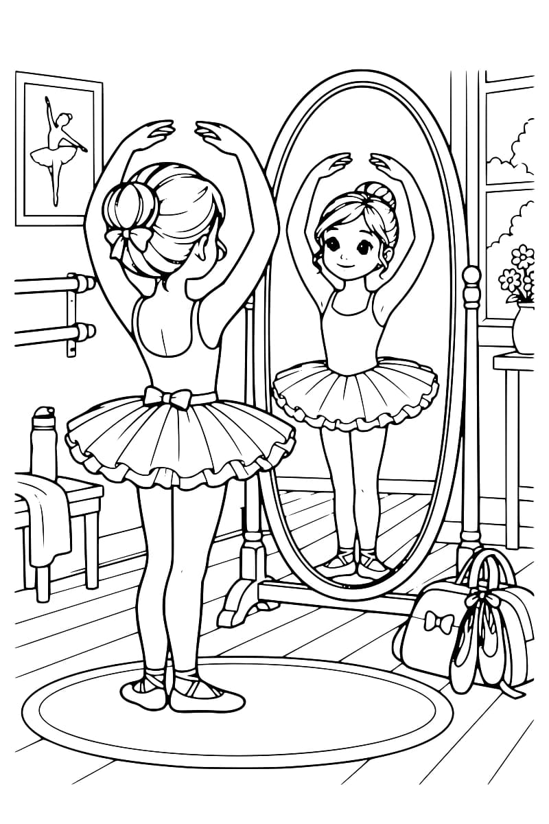 Dessin en noir et blanc d’une ballerine vue de dos, les bras arrondis au-dessus de la tête, face à son reflet dans un miroir ovale sur pied. Des barres de danse, un banc, un sac et des chaussons de danse complètent la scène.