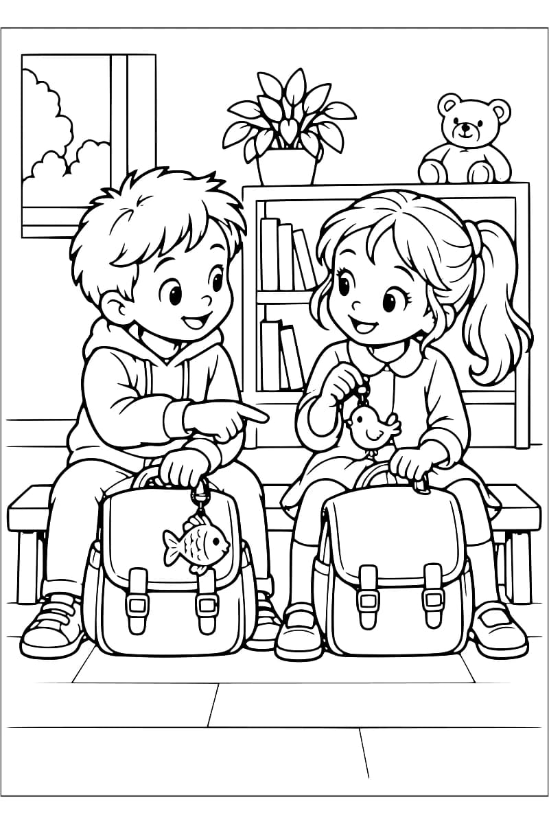 Dessin à colorier de deux enfants assis sur un banc avec leurs cartables fermés devant eux : le garçon montre une breloque en forme d’oiseau tenue par la fille, tandis qu’un poisson est accroché à son cartable. Une plante et un ours en peluche sont posés sur une étagère derrière eux.