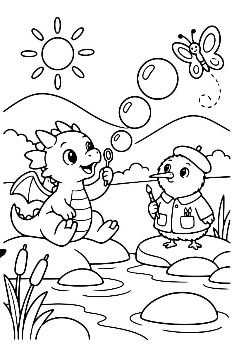 Dessin à colorier d’un petit dragon assis sur un rocher, une baguette à bulles à la main, face à un oiseau en béret et en blouse tenant un pinceau. Trois bulles montent vers un papillon, au-dessus d’un ruisseau bordé de roseaux, avec des collines et un soleil en arrière-plan.