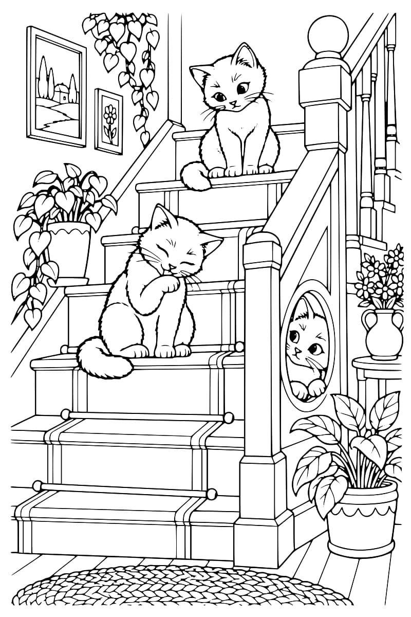 Coloriage de trois chats autour d’un escalier : un chat assis en haut, un autre faisant sa toilette sur une marche et un troisième regardant par une ouverture ovale dans la paroi latérale, avec des plantes en pot, des cadres et un tapis.