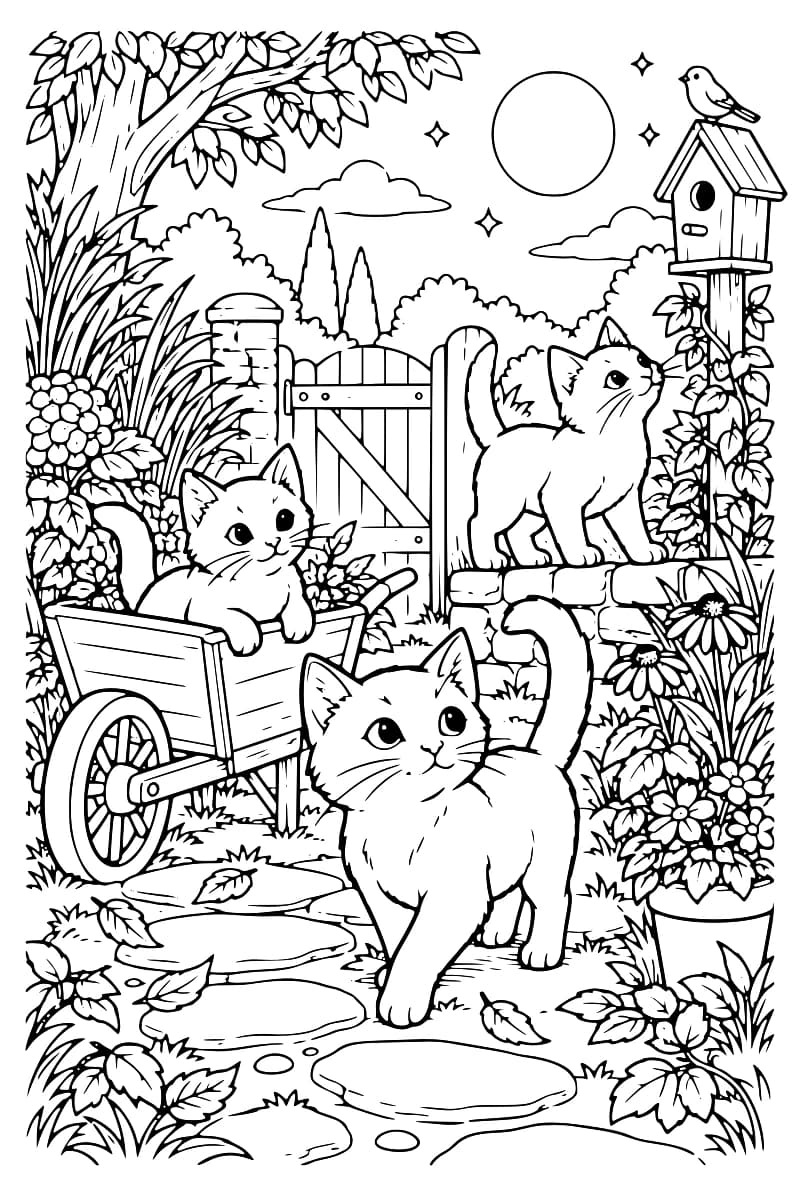 Dessin en noir et blanc montrant trois chats dans un jardin fleuri, avec une brouette à gauche et un nichoir sur la droite.