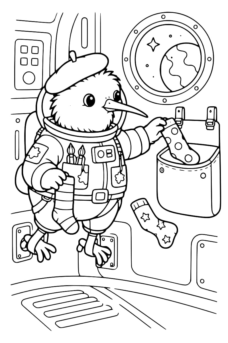 Dessin en noir et blanc d’un kiwi astronaute tenant une chaussette rayée et plaçant une chaussette à pois dans une poche murale, tandis qu’une chaussette étoilée flotte à côté de lui ; une planète est visible par le hublot.