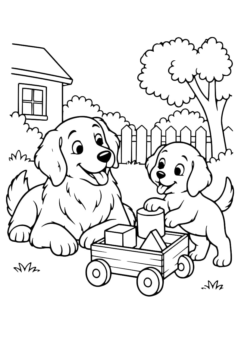Deux chiens jouent près d’un petit chariot en bois contenant des cubes, devant une maison et une clôture.