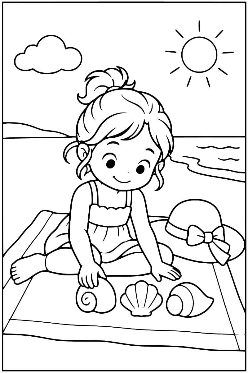 Dessin à colorier d’une enfant assise sur une natte, devant trois coquillages, avec un grand chapeau à nœud à sa droite et la mer, un soleil et un nuage en arrière-plan.