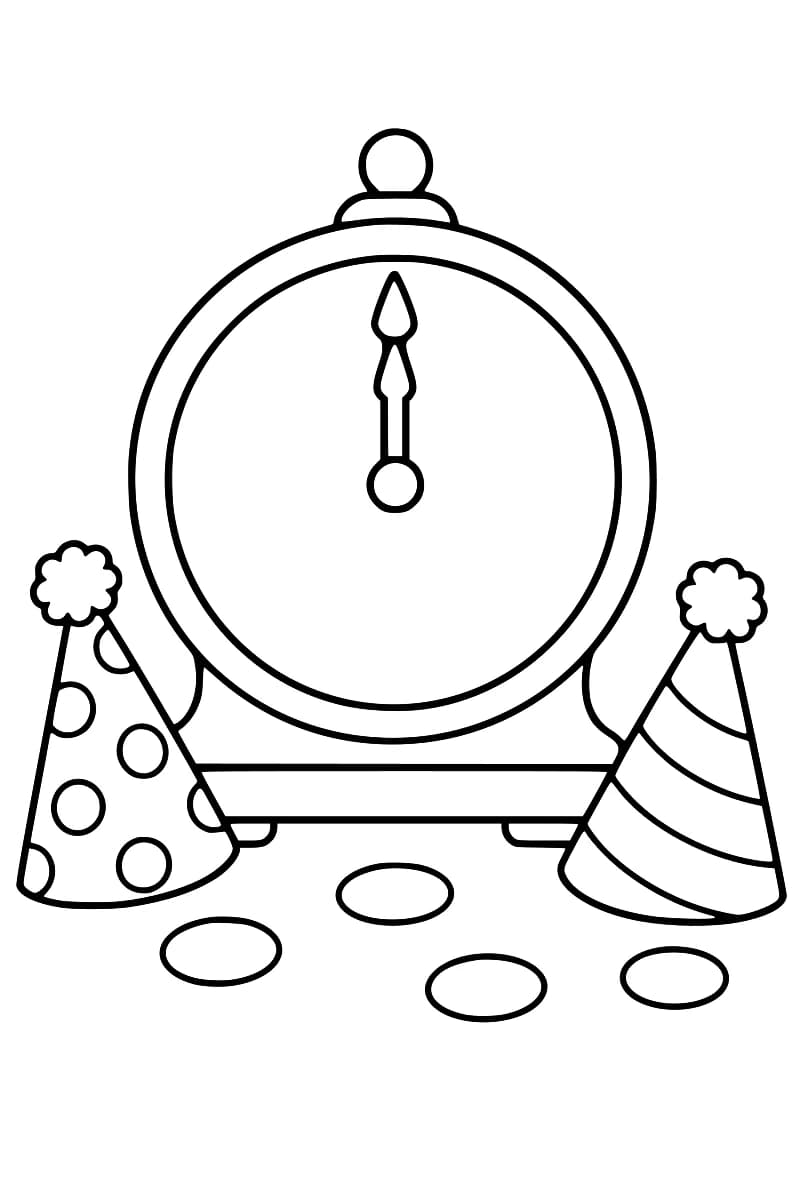 Dessin en noir et blanc d’une horloge indiquant minuit, entourée de deux chapeaux de fête et de confettis.
