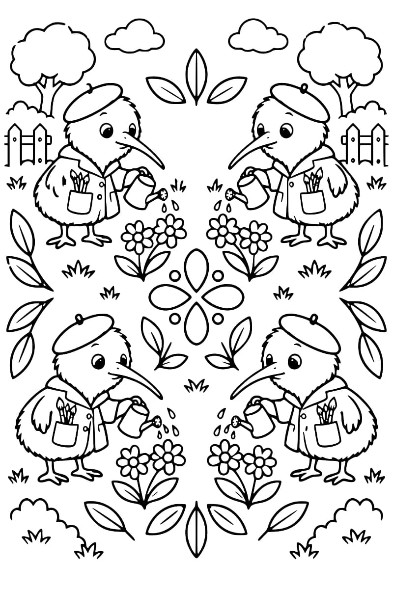 Dessin en noir et blanc de quatre oiseaux kiwis portant un béret et une veste à poches, chacun arrosant deux fleurs. Des feuilles et un motif central à quatre pétales complètent la composition, avec des arbres, des nuages et des barrières en haut.