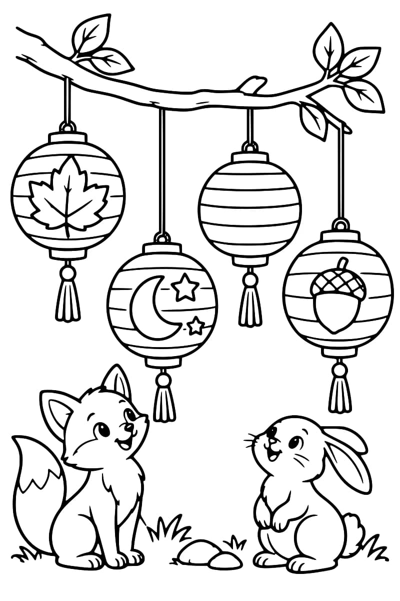 Illustration en noir et blanc montrant quatre lanternes suspendues à une branche, avec un renard et un lapin assis au-dessous.